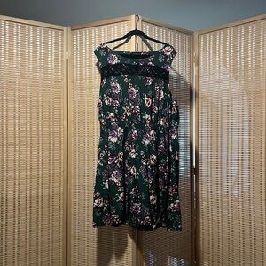 Green Floral Skater Dress with lace panel